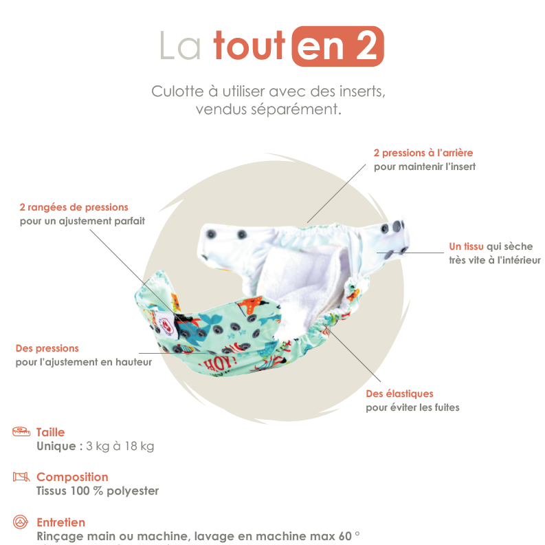 Couche lavable TE2 unie TU "La Renarde"