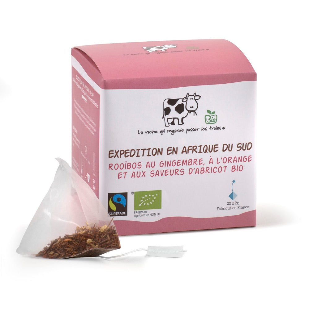 Rooïbos au gingembre, à l'orange et aux saveurs d'abricot - Expéditions en Afrique du Sud 20 x 2 g (pyramides) bio La Vache