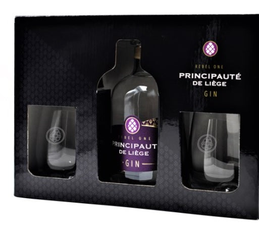 Coffret cadeau Gin Rebel One aux arômes de cerise 43% et 2 verres (56€)