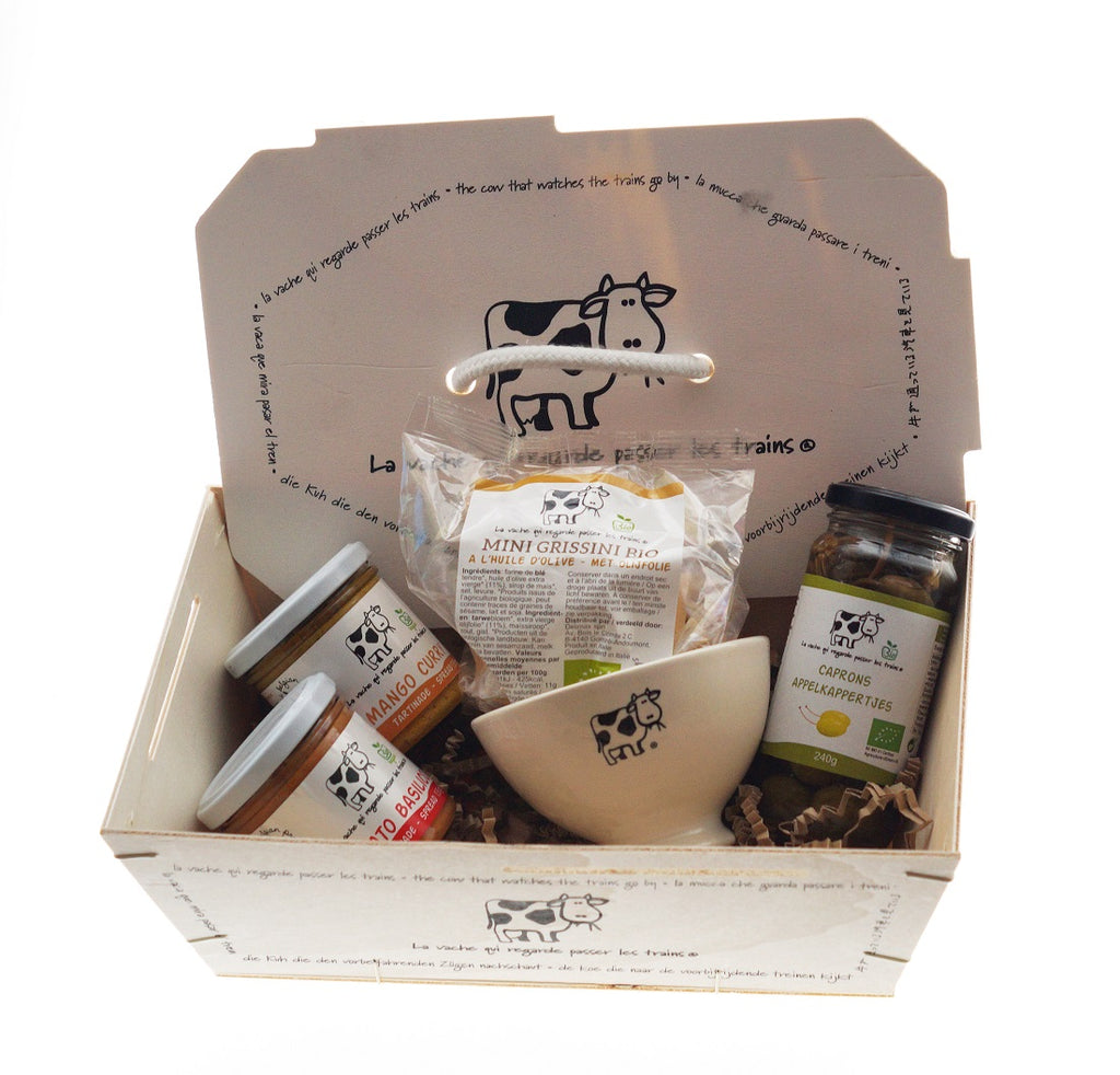 Coffret apéro bio (2x tartinades, 1x mini grissini, 1x caprons, 1x bol) La Vache