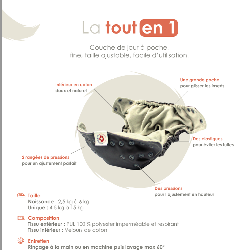 Couche lavable TE1 FUN insert coton TU "La Renarde"